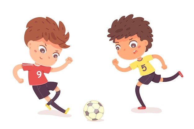 Boys playing football together Two happy little kids playing sport in uniforms smiling children kicking ball by foot between them on white background