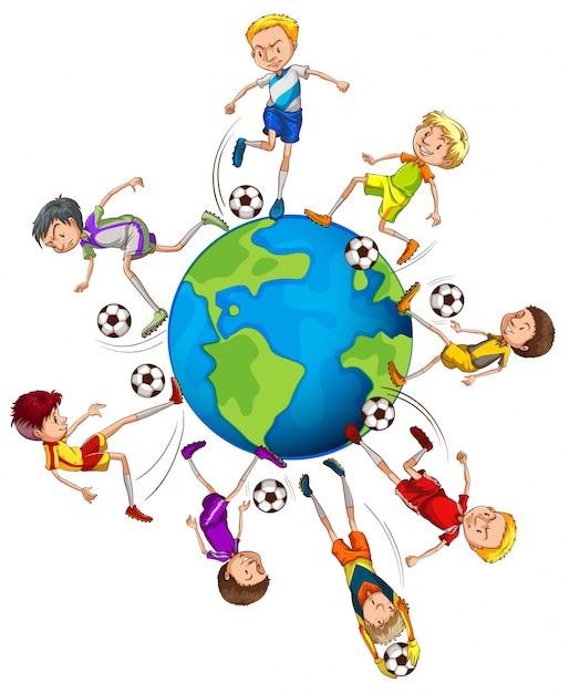 Boys playing soccer around the world illustration