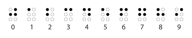 Braille numbers in a row. Tactile writing system used by people who are blind or visually impaired. Vector illustration in black and white.