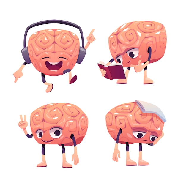 Free vector brain characters, cartoon mascot with funny face