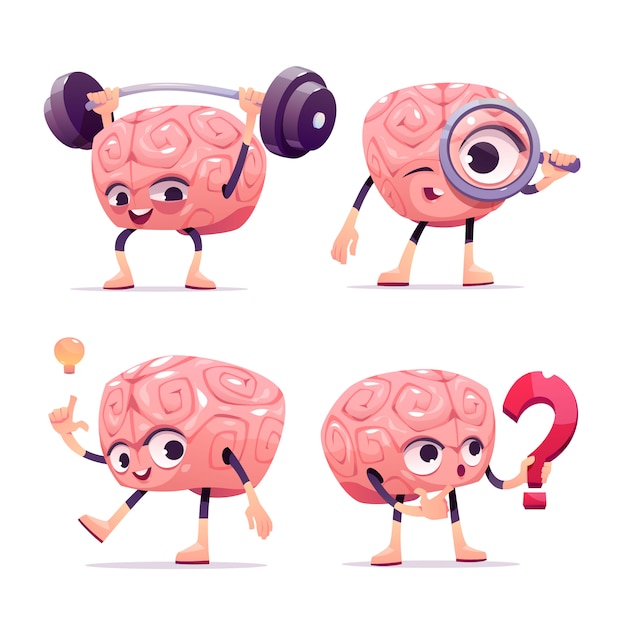 Brain characters, cartoon mascot with funny face