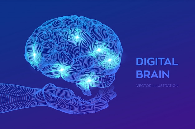 Free Vector brain. digital brain in hand. neural network.