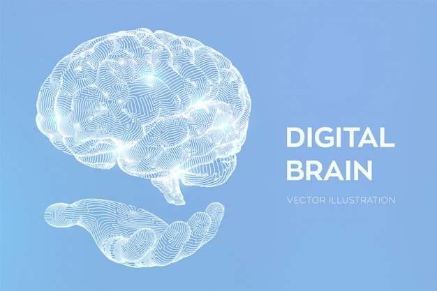 Brain. Digital brain in hand. Neural network.