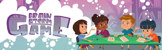 Free Vector brainstorm game banner with children thinking and drawing in school. concept of teamwork, brainstorming and conversation. vector poster with cartoon illustration of kids dispute at table with pictures