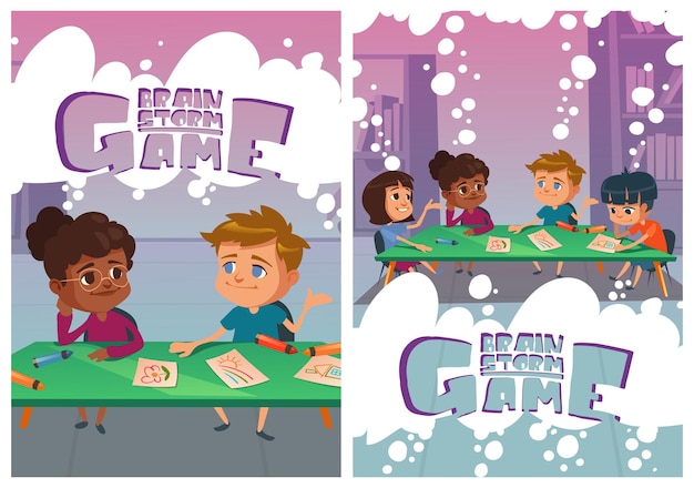 Free Vector brainstorm game posters with thinking children