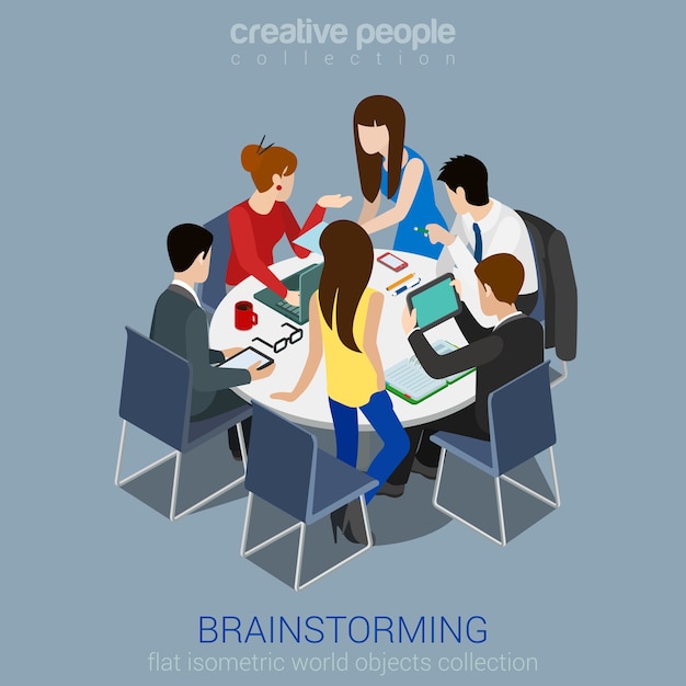 Free Vector brainstorming creative team idea discussion people flat 3d web isometric infographic concept . teamwork staff around table laptop chief art director designer programmer.