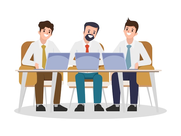 Free Vector brainstorming teamwork working with laptop character flat cartoon illustration vector design