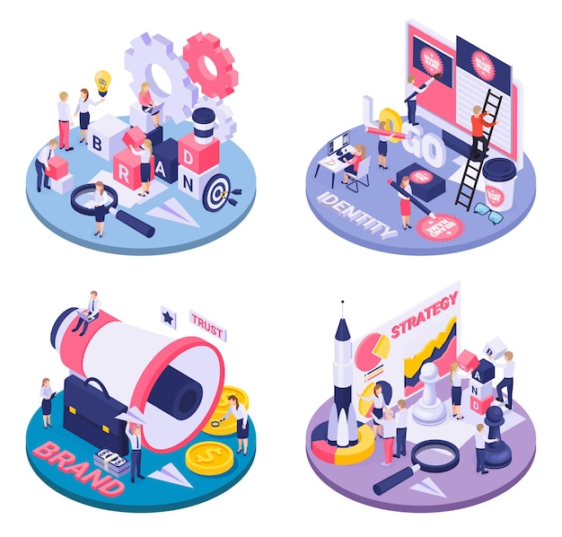 Brand identity as goals achieving strategy concept circular isometric compositions 