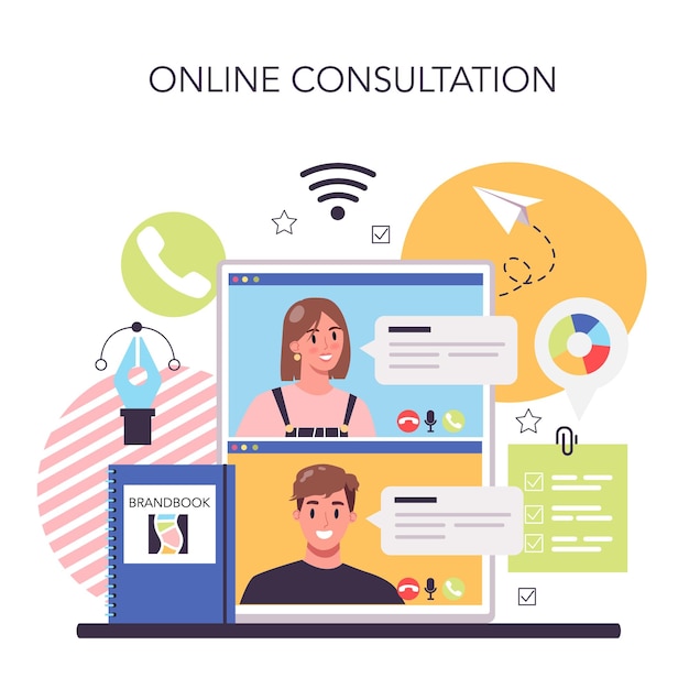 Brand online service or platform Marketing strategy and unique design of a company or product Brand identity building Online consultation Flat vector illustration