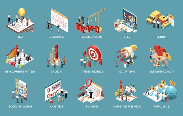 Branding concept icons set with launching brand creating idea analytics advertising stratedy development 3d isometric isolated vector illustration