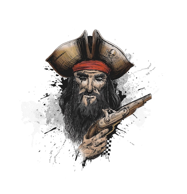 Brave pirate with pistol for tshirt print Hand Drawn Sketch Vector illustration