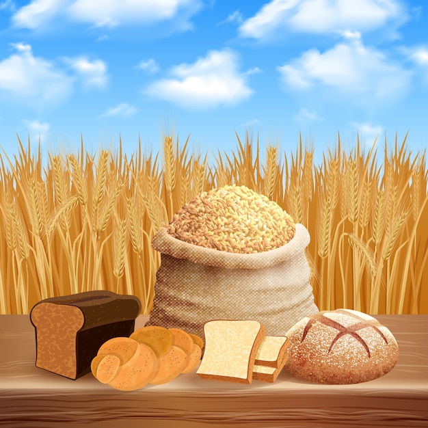 Bread assortment with careal and crops  illustration