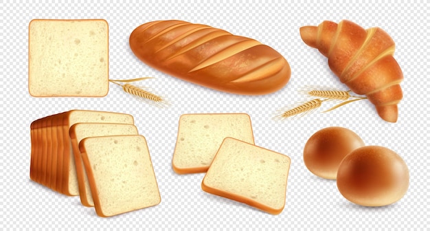 Free Vector bread realistic set on transparent background with images of bakery products and wheat stalks with shadows vector illustration