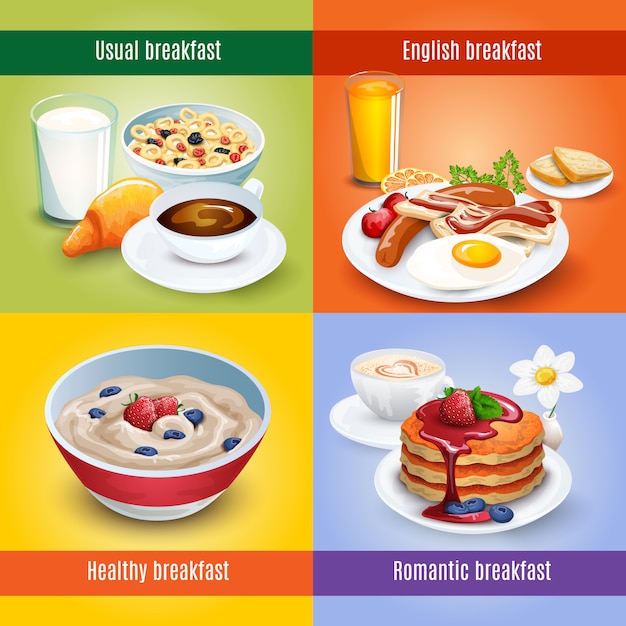  Breakfast 4 flat icons square combination