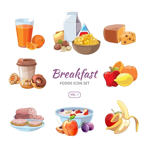 Breakfast food icons in cartoon style. Lunch coffee, orange and morning nutrition, delicious fruit fresh, vector illustration