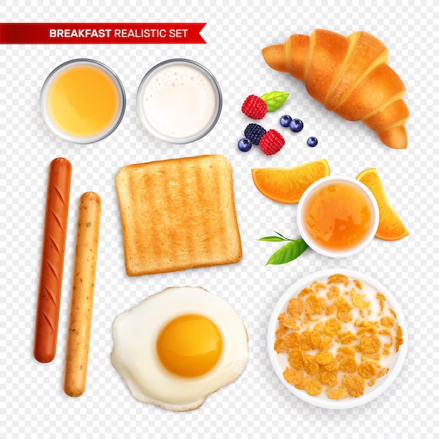 Free Vector breakfast realistic set on transparent background with isolated images of corn flakes honey eggs toast croissant vector illustration