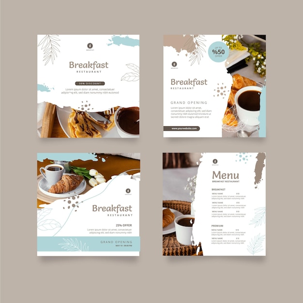 Free vector breakfast restaurant instagram posts collection