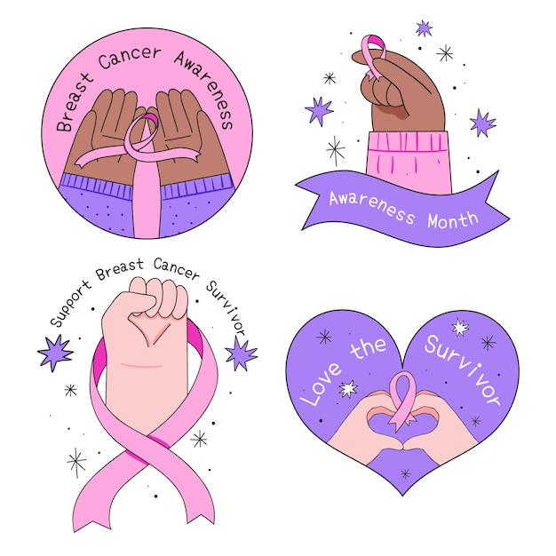 Free vector breast cancer awareness month hand drawn labels collection