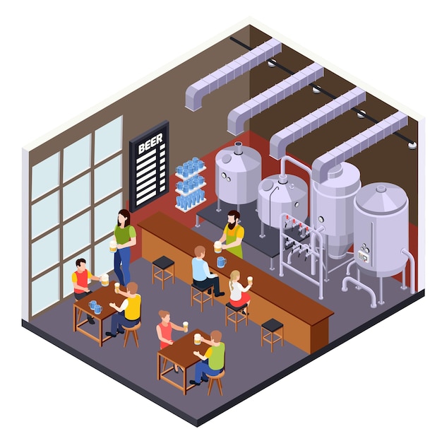 Brewery beer production isometric composition with brew pub scenery