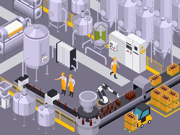 Brewery beer production isometric composition with view of factory facilities with keeves and tubes with workers illustration