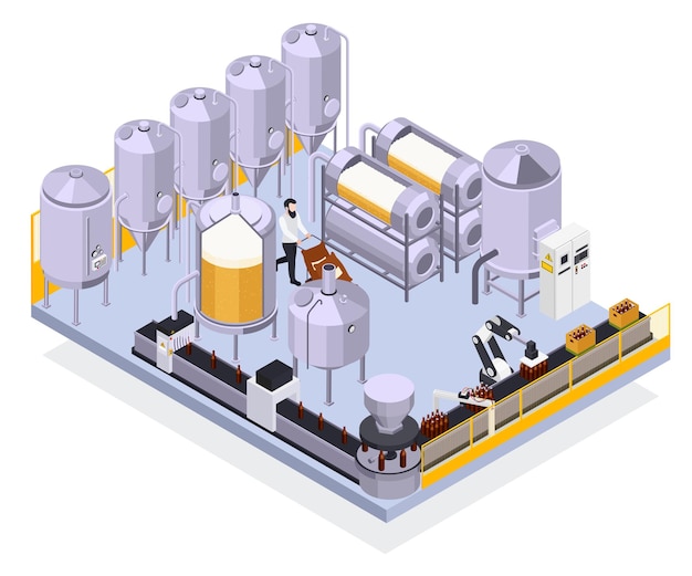 Free vector brewery beer production isometric illustration with view of industrual facilities automated line with bottles and worker illustration