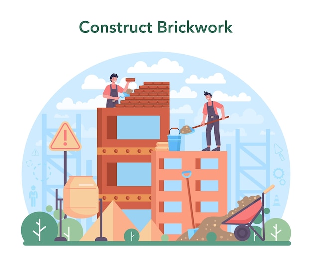 Free Vector bricklayer concept professional builder constructing a brick wall with tools and materials process of house building isolated flat vector illustration