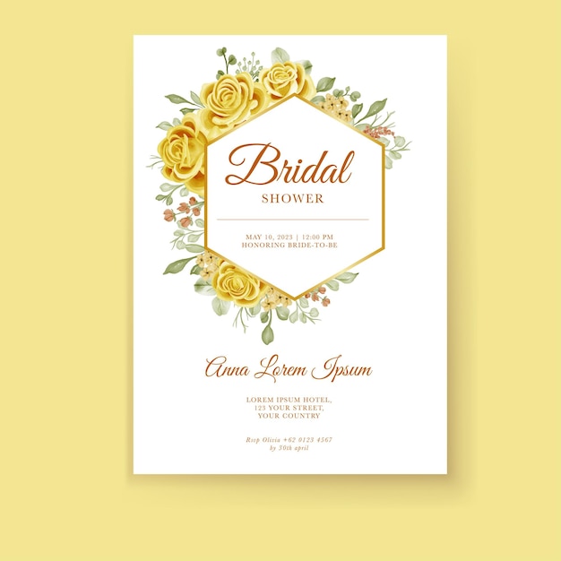 Bridal shower invitation template with yellow rose decoration