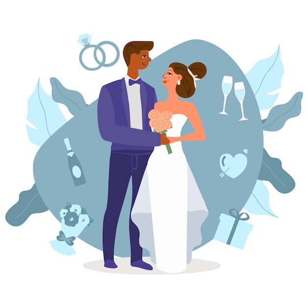 Bride and groom getting married illustrated