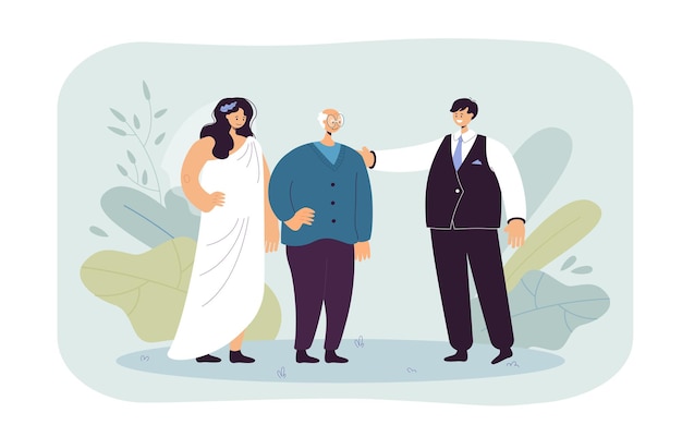 Free vector bride and groom standing with elderly father. senior between woman in white dress and man in suit flat vector illustration. family, wedding, love concept for banner, website design or landing web page