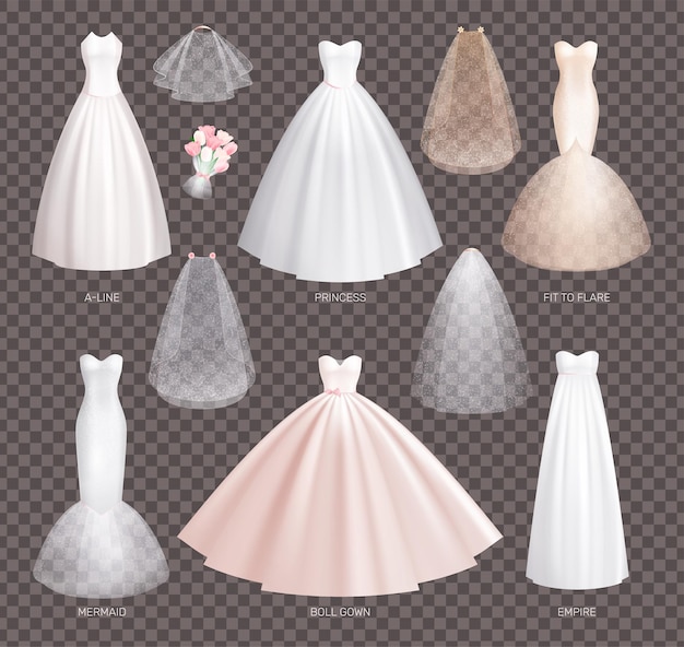 Free Vector bride wedding dress realistic set with isolated bridal gown elements on transparent background with text captions vector illustration