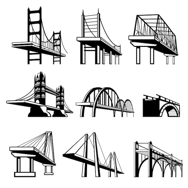 Free Vector bridges in perspective vector icons set. architecture construction, urban road structure engineering object illustration