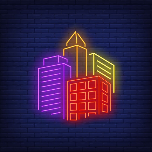 Bright city buildings neon sign. 