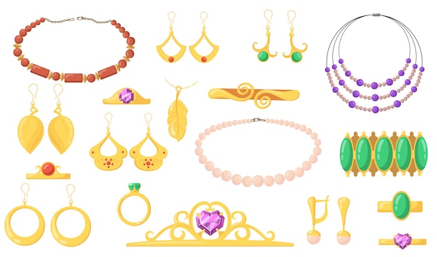 Bright creative jewelry flat illustrations collection. Cartoon earrings, bracelets, gold rings, pendent with jewels isolated illustrations