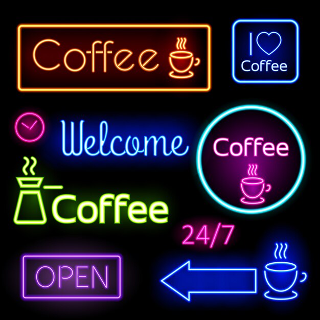 Bright neon signs  for you cafe, bar. Coffee, open, Welcome. Vector illustration