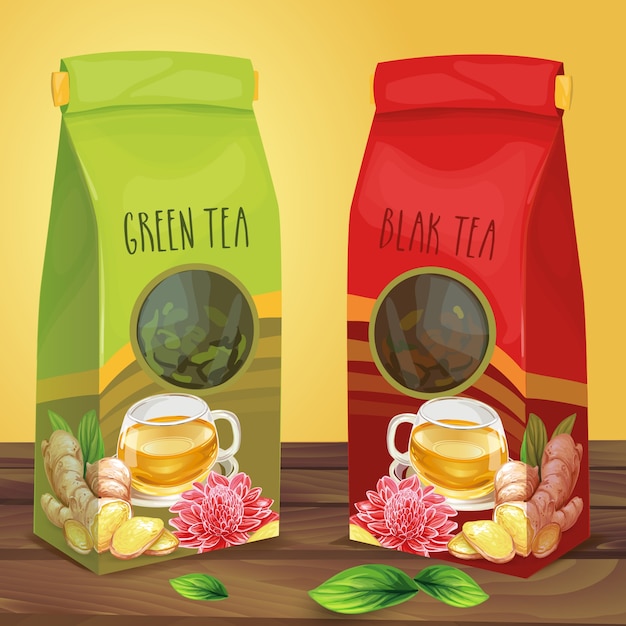 Free Vector bright paper packaging for tea hand drawn vector