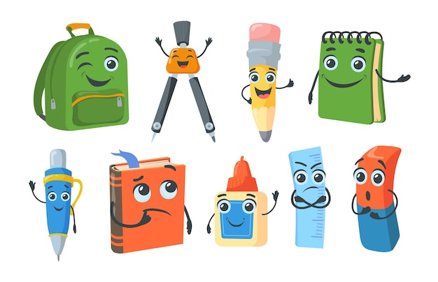 Free vector bright school stationery characters flat pictures collection