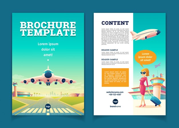 brochure template with airplane takeoff. Travel or tourism concept, girl with baggage 