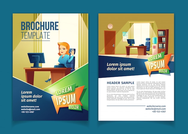 brochure template with cartoon illustration of office with secretary. 