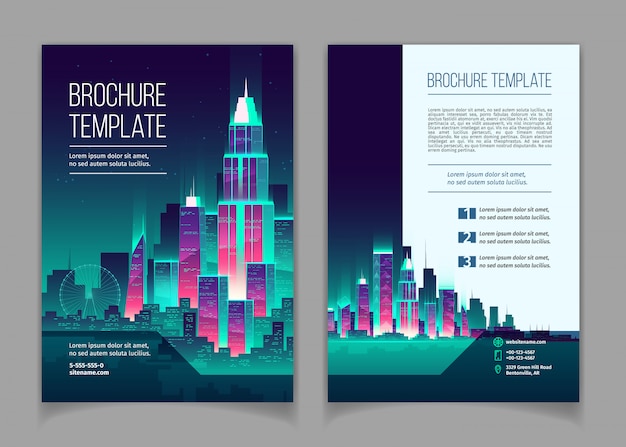 brochure with modern megapolis at night. Booklet with glowing buildings in cartoon style