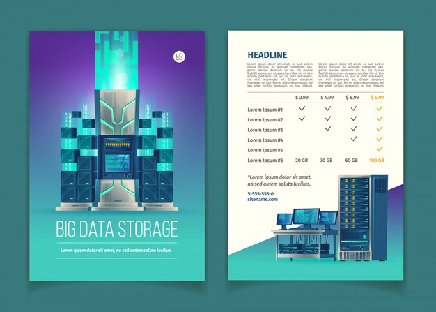 Brochure with server equipment for data processing and storage, cloud services, datab