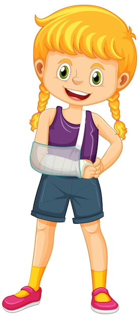 Broken arm girl standing on white background