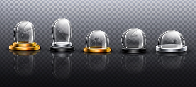 Free Vector broken glass domes on metal, gold and silver podium.