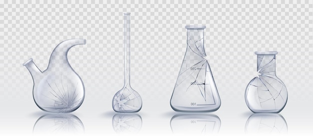 Broken glass laboratory chemical measuring flasks and test tubes in realistic vector illustration set Crashed lab glassware with cracks holes and scatters Destroyed and crushed scientific equipment