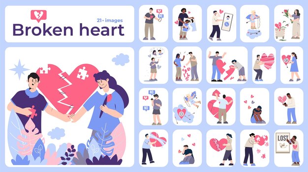 Broken heart compositions set with flat icons doodle lover characters holding and glueing hearts with text vector illustration