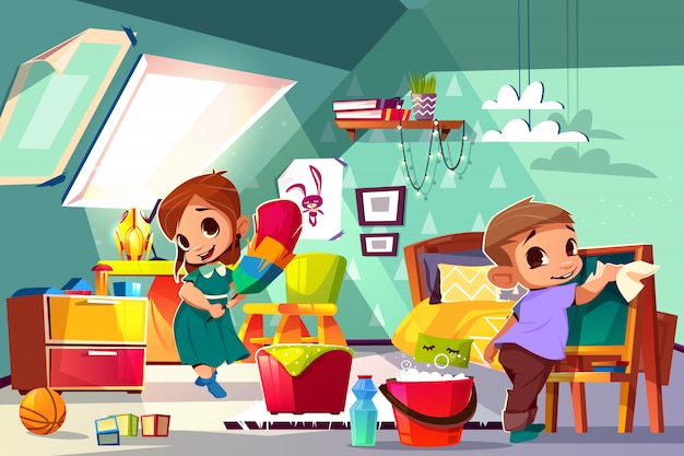 Brother and sister cleaning in kids bedroom cartoon illustration with boy and girl characters