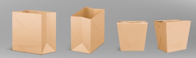 Brown lunch paper bag isolated vector mockup icon 3d craft fast food package design template Kraft realistic meal or snack packet texture for restaurant or shop Candy recycling container to buy