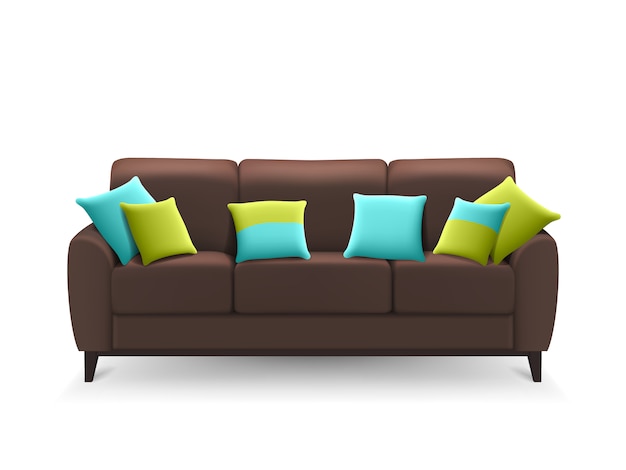 Brown Realistic Sofa With Decorative Cushions 