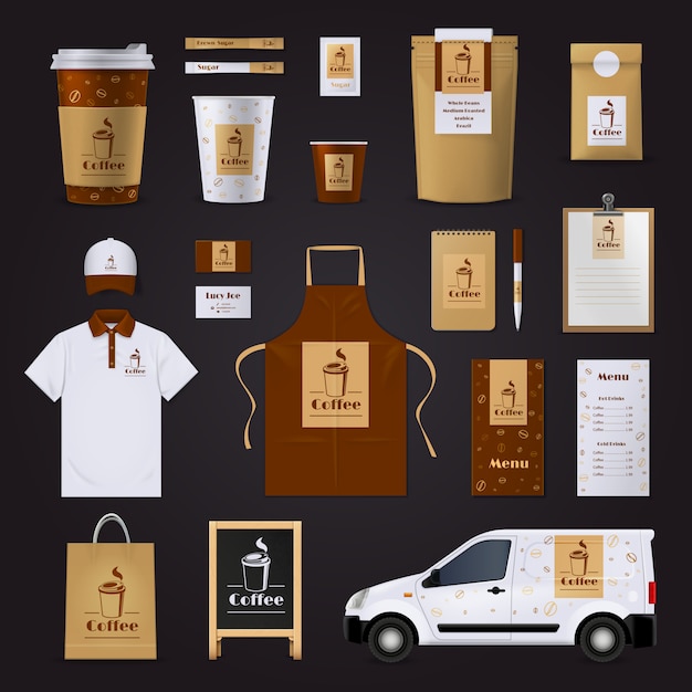 Brown and white coffee corporate identity design set for cafe isolated on black background 