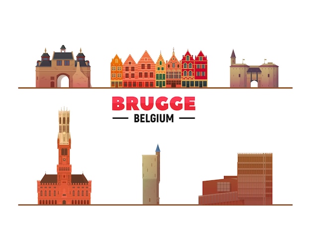 Free Vector bruges brugge belgium most famous landmarks on white background vector illustration business travel and tourism concept with modern buildings image for banner or web site