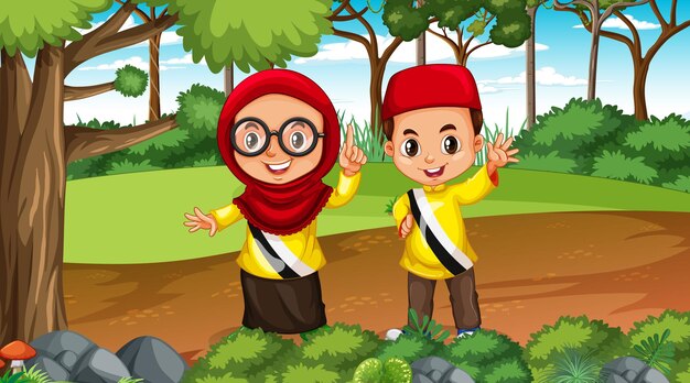 Brunei kids wears traditional clothes in the forest scene